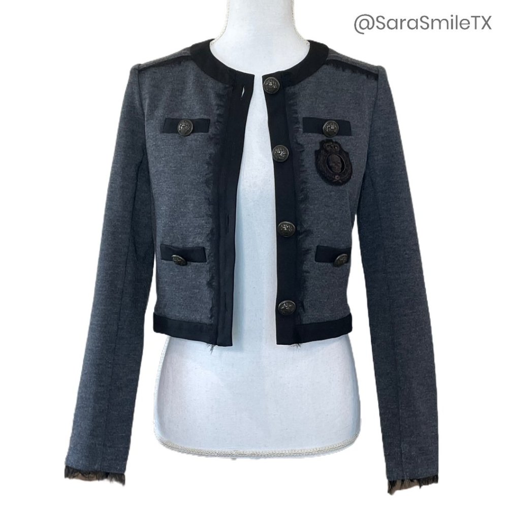 HAUTE HIPPIE Charcoal Gray Skull Crested Cropped Jacket - Picture 2 of 13